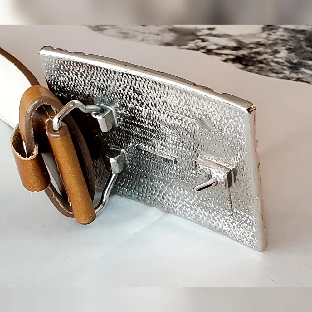 Streets Ahead Western Turquise Bead Ornate Silver Buckle Brown Leather Belt Lg